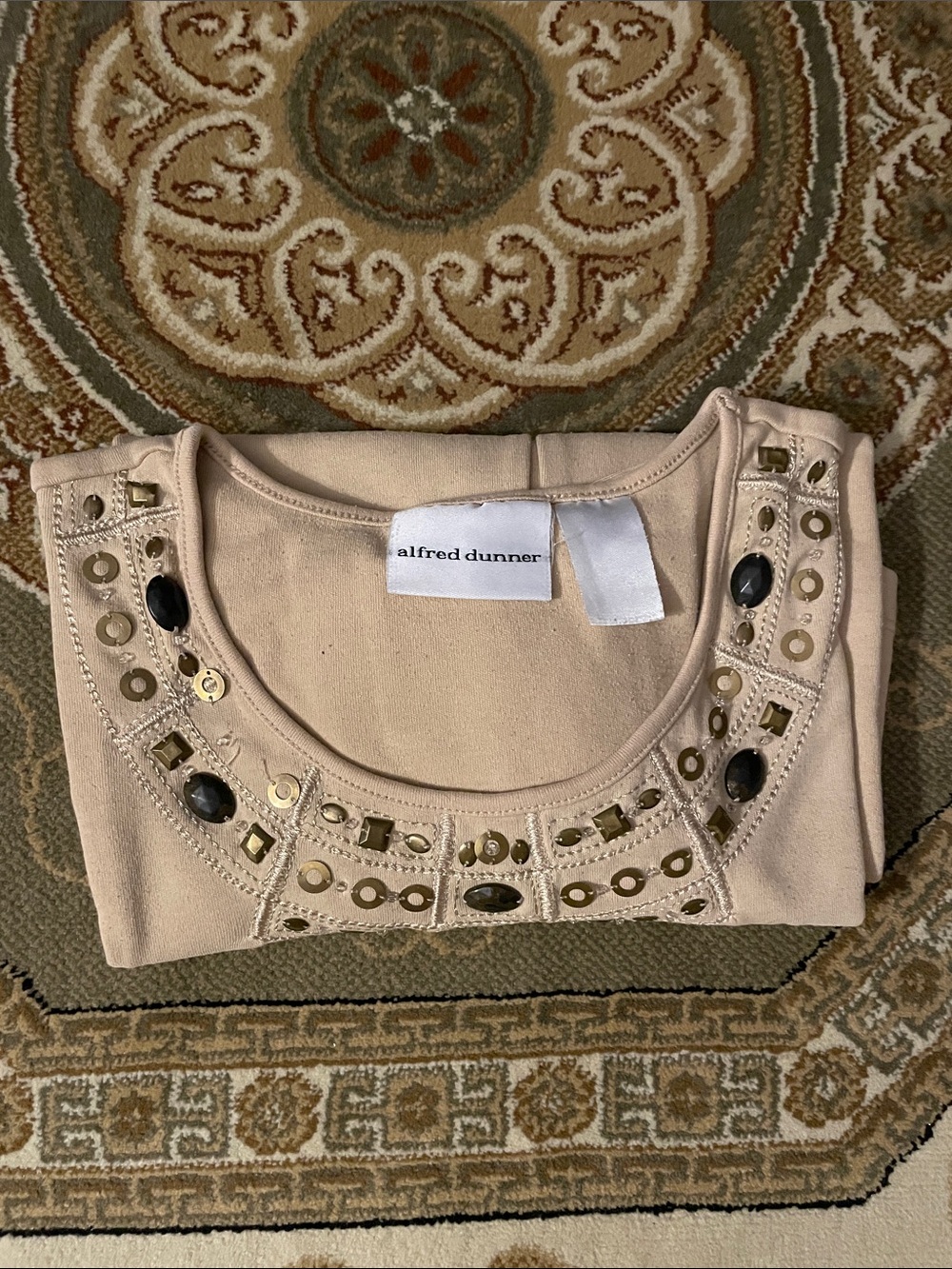 Alfred Dunner Beige Embellished Scoop Neck Top with Black Accents